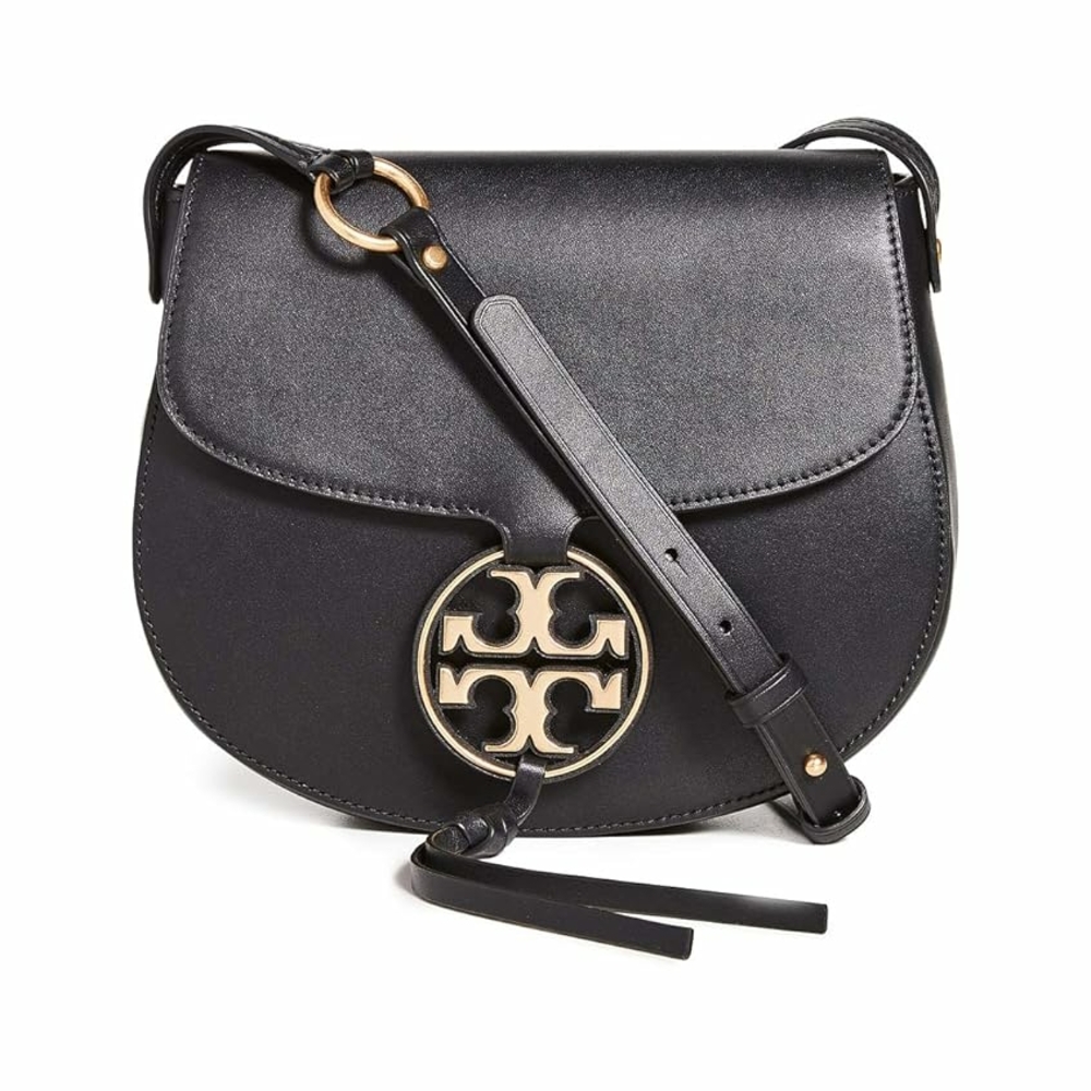 Tory Burch Black Leather Saddle Crossbody with Gold Emblem